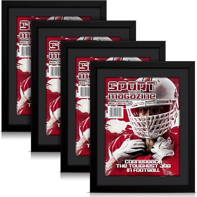 Geetery 4 Pcs Sports Magazine Frame for Wall Fits Measuring 8.5 x 11.25" Magazine Display Frame with Installed Hangers and Core Matting Plastic Comic Book Frames for Wall Hanging(Black , Black Mat)