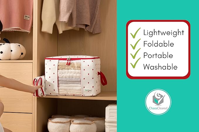 Canvas Storage Bags Designer Organizer 2 Pack – Seasonal Storage for Sweaters, Blankets, Linens & Garments – Foldable Design with Zip & Window, Moth-Proof Space Saver, Strawberry Print