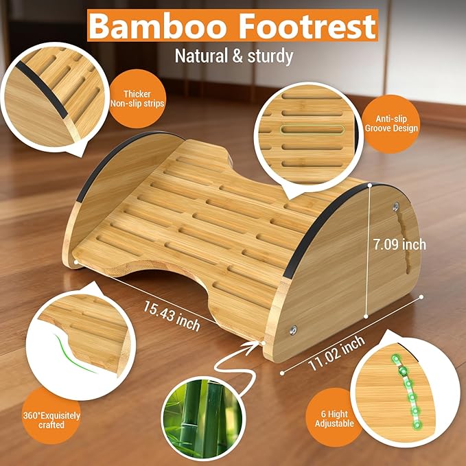 Bamboo Foot Rest for Under Desk at Work - Reversible Rocking Under Desk Footrest 2-in-1 with 6 Adjustable Heights, Ergonomic Foot Rest Under Desk with Anti-Slip Surface for Home, Office and Gaming