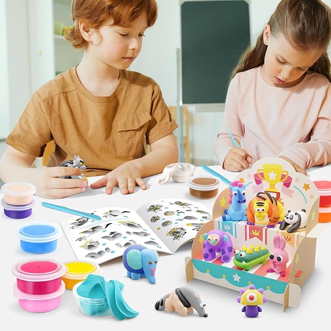 Air Dry Clay Kit for Kids - Comes with Instructional Guide Featuring 4 Scenes & 26 Projects Tutorials, 18 Cans of Modeling Clay, Includes Display Stand, Gift for Girls and Boys