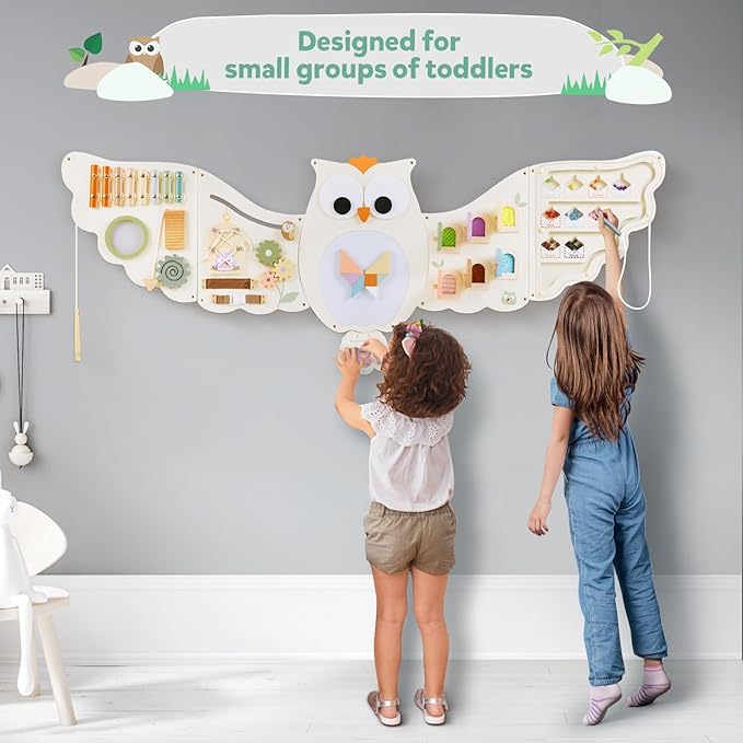 Beright Owl Activity Wall Busy Board Panels, Montessori Sensory Toys, Toddler Learning Activity Center, Perfect for Toddler Playroom & Children's Daycare, White