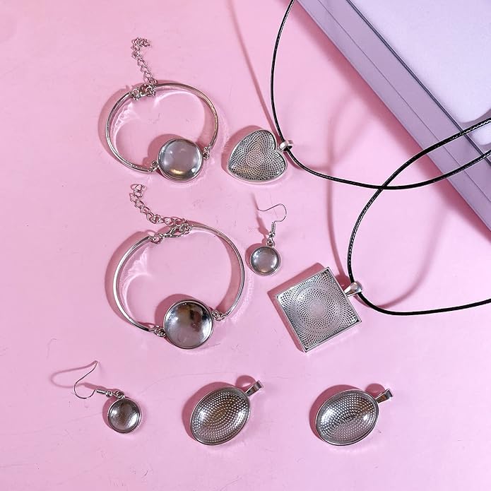 Bezel Pendant Trays Gold and Sliver, Rhinestone Bezel Pendants Trays for DIY Jewelry Craft Making, Picture Necklace Pendant Trays with Clear Glass Cabochons and Chains