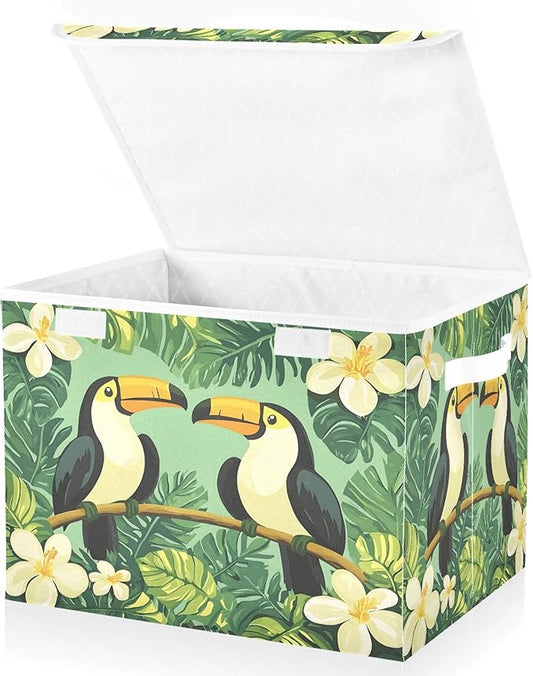 Large Storage Bins with Linen Collapsible Foldable Storage Cubes Fabric Closet Organizer Containers box Flip-Top Lid for Home Bedroom Office 16.7 x 12.6 x 11.8in (Bird Flower Leaves Green Pattern)