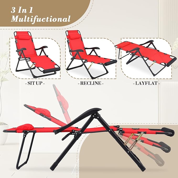 Athena Collection Zero Gravity Outdoor Lounge Chair Recliner, 27" Width Reclining Pool Lounge Lawn Chairs with Headrest Curved Armrest Foot Pad, Outdoor Chaise for Beach Patio Outside, Red