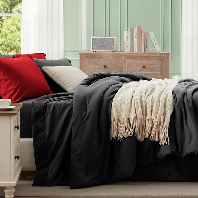 Anluoer Black and Red Queen Comforter Set 7 Pieces, Bed in a Bag with Sheets, All Season Bedding Sets with 1 Comforter, 2 Pillow Shams, 2 Pillowcases, 1 Flat Sheet, 1 Fitted Sheet