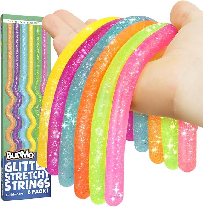 BUNMO Stretchy Strings - Sensory Toys for Toddlers - Stimulating & Addictive Sensory Toys for Kids - Fidget Toy - Hours of Fun for Kids - Non-Mouthable Toy 3+ - Glitter 6 Pack