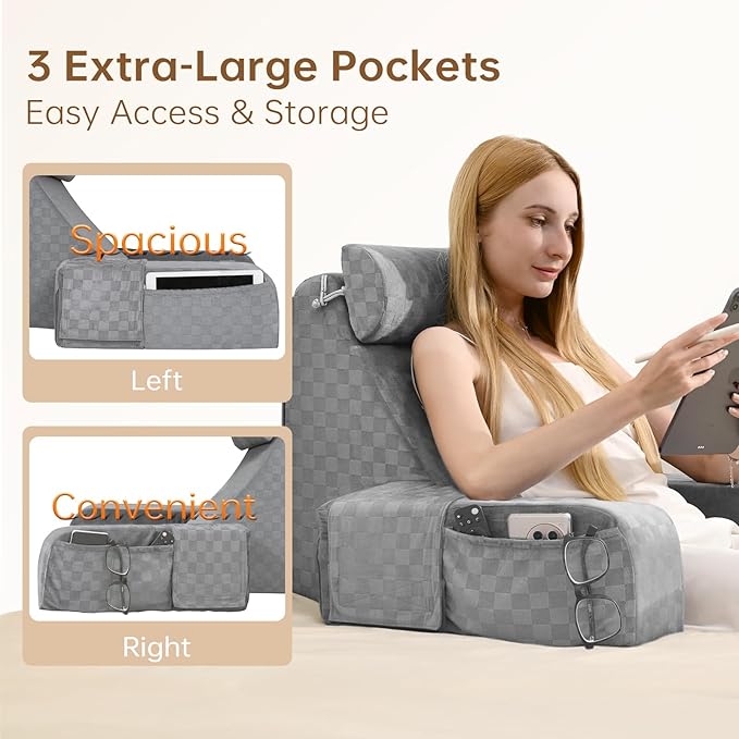 Vekkia Reading Pillow for Adults – Ergonomic 45° Wedge Back Support Chair for Sitting in Bed, XL Side Pockets, Perfect for Working, Gaming, Watching TV, Relaxing, or Recovery, Great Gift Idea, 19”