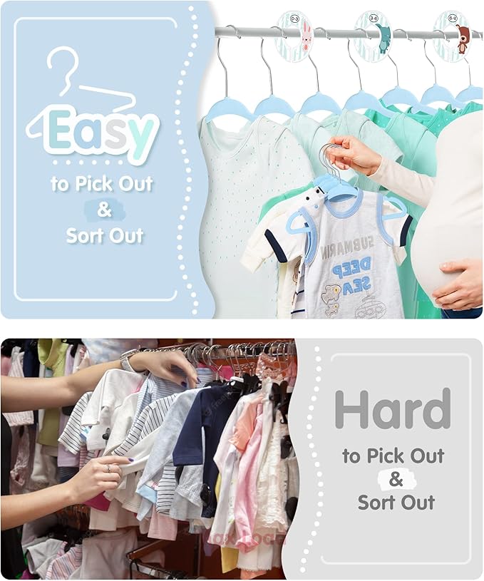 Baby Hangers, VIS'V 11 Inch Blue Velvet Kids Hangers with 6 Pcs Size Dividers Non Slip Nursery Children Closet Clothes Hangers for Infant Toddler Girls and Boys 30 Pcs