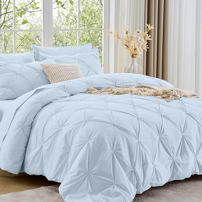 Sasttie Full Size Comforter Set, 7-Piece Bed in a Bag, Pintuck Bedding Sets for All Season, Includes Comforter, Flat Sheet, Fitted Sheet, Pillowcases and Pillowshams, Light Blue