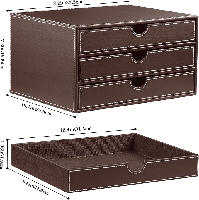 PU Leather Desktop Organizer with Drawers,3 Drawer Office Desk Organizer,Desktop Storage for Office Supplies/A4 Paper/Magazine/Book,for Office School Home.Brown