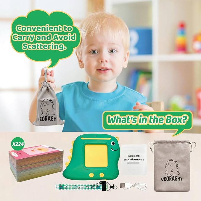 Kids Toddler Toys, Baby Dinosaur Talking Flash Cards for 2 3 4 5 6 Year Old Boys Girls with 224 Sight Words, Autism Sensory Toys, Montessori Learning Educational Toys Children Gifts (Green)