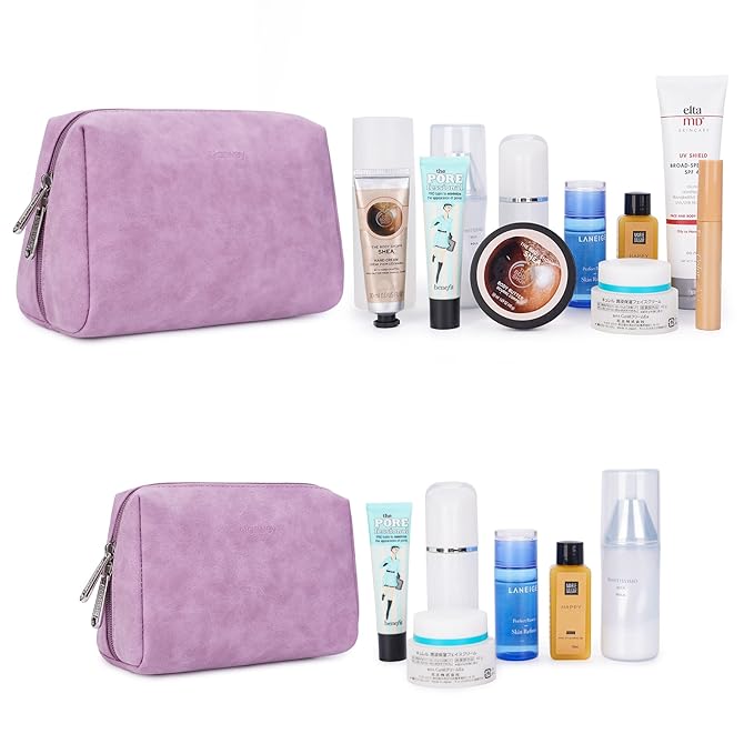 2 Pack Vegan Leather Makeup Bag Zipper Pouch Travel Cosmetic Organizer for Women (Large (Pack of 2), Purple)