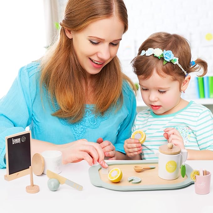Lemonade Stand for Kids Tea Set Pretend Play Toys Tea Party Set Lemonade Stand Supplies No Assembly Required Non-Toxic Wooden Toys Tea Sets for Toddlers 3-5 Birthday Gift