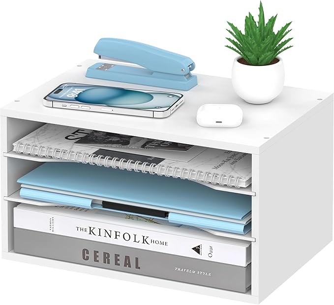 Wood Desk Organizer, 3 Tier Paper Tray Organizer for Desk with Adjustable Storage Shelves, Desktop File Organization Paper Sorter Mail Holder for Office Home Classroom, White
