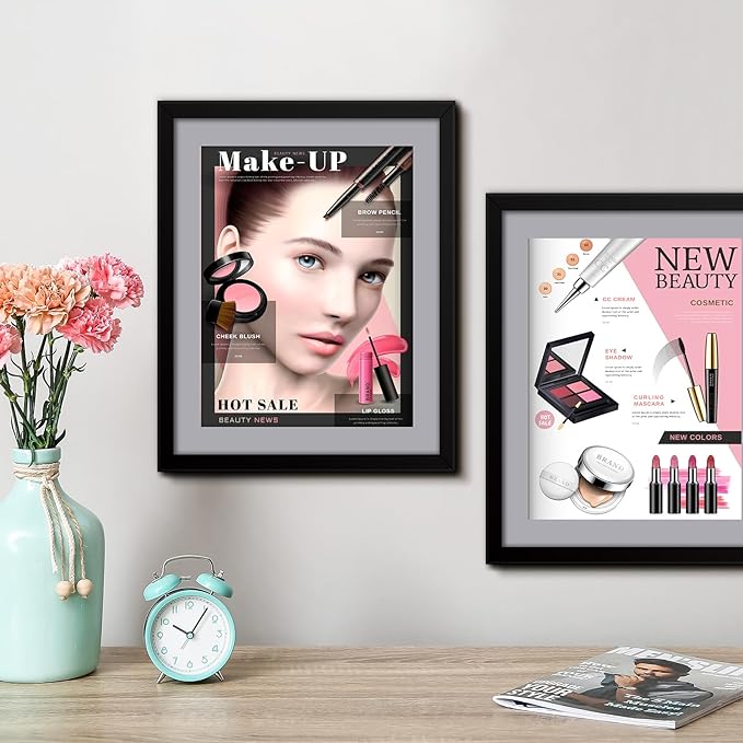 Geetery 4 Pcs Sports Magazine Frame for Wall Fits Measuring 8.5 x 11.25" Magazine Display Frame with Installed Hangers and Core Matting Plastic Comic Book Frames for Wall Hanging(Black, Grey Mat)