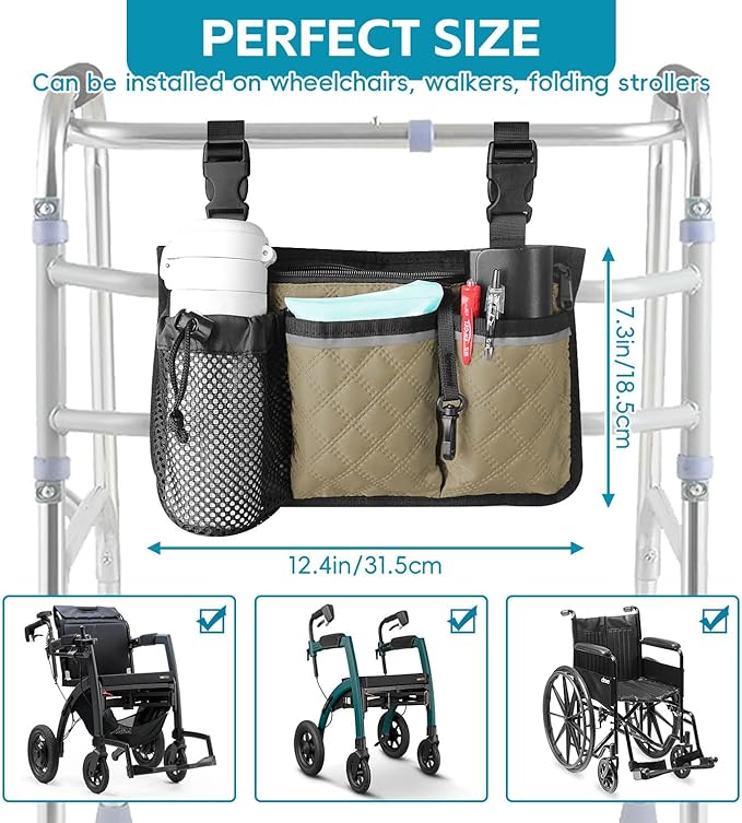 Wheelchair Bag with Cup Holder, Wheelchair Accessories Armrest Side Bag Multi Pockets Pouch for Electric Wheelchairs, Walker, Rollators & Mobility Scooters, Adults, Seniors, Khaki