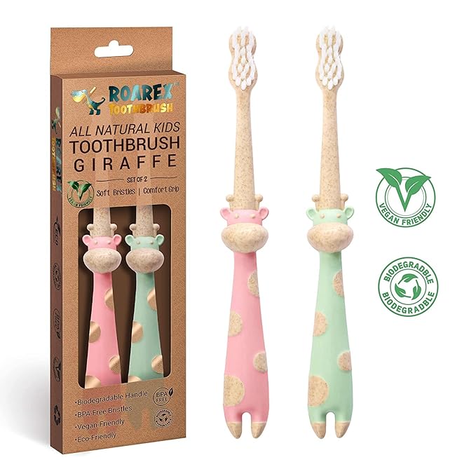 ROARex Vegan Eco Friendly All Natural Kids Toothbrush Made from Plants – Sweet Baby Giraffe | 100% Biodegradable and Compostable | 1% for The Planet Product