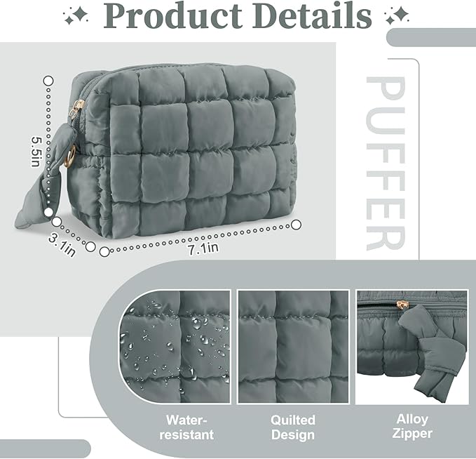 Puffer Quilted Makeup Bag Cosmetic Bags,Puffy Travel Toiletry Pouch for Women,Cute Checkered Zipper Bag Travel Essential,Portable Aesthetic Make up Organizer Bag for Gifts Work Daily(Grey,S)