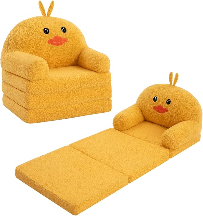 MOONBEEKI Comfy Toddler Chair, Kids Couch Fold Out to Lounger, Foldable Baby Sofa Plush for Girl and Boy Age 18 Months and Up （Duck）