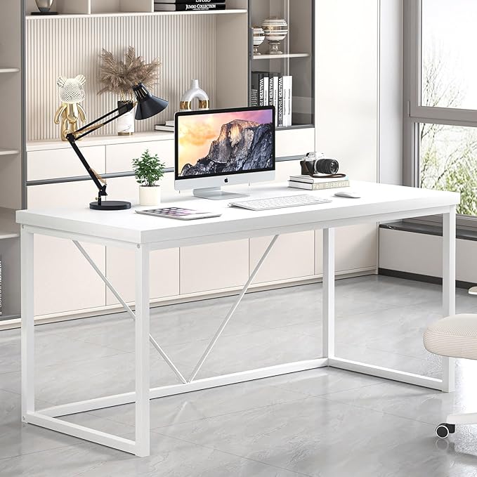 EXCEFUR Home Office Desk, Modern Wood Computer Desk, Wood Study Writing Table, Simple Gaming Executive Desk Workstation for Bedroom Living Room, White, 53 inch