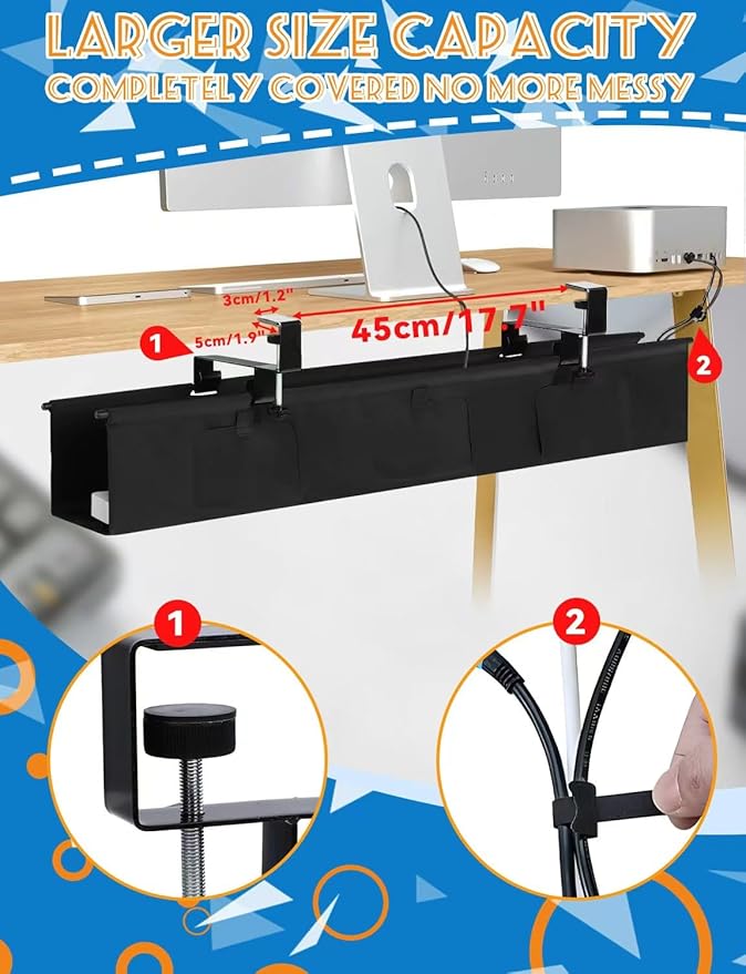 No Drill Under Desk Cable Management Tray - 36" Under Desk Cord Organizer,Clamp/Screw Mount Cable Management, Premium Fabric Cord Hider for Wire Organizer for Office, Home