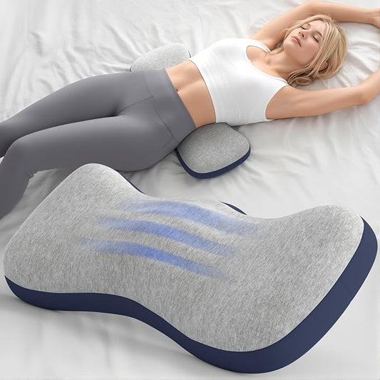 Lumbar Support Pillow for Bed, Memory Foam Pillows for Back Pain Relief, Lower Back Pain Relief Pillow for Sleeping, Adjustable Lumbar Pillow for Sleeping, Bed, Car, Couch (Grey - Navy Blue)