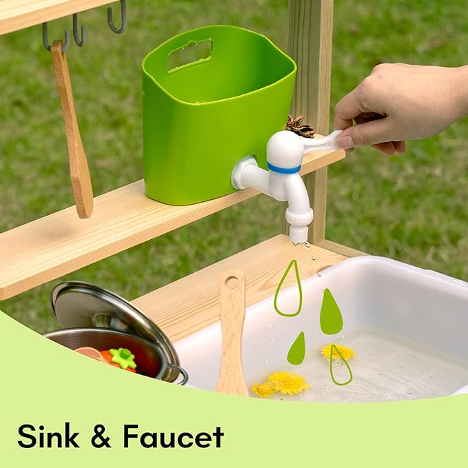 Giant bean Mud Kitchen Playset for Kids, Deluxe Wooden Toy Play Kitchen Set for Boys and Girls Ages 3-8 Indoor & Outdoor Activities, with Sand and Water Sink, Cookware Pots