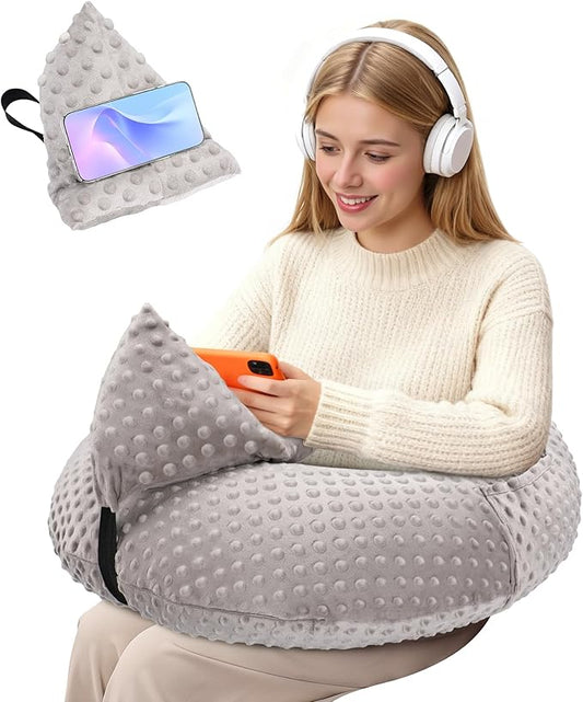 Crochet Lap Support Pillow - Multi-Purpose Reading Pillow for Gaming/Working/Nursing, with Removable Extra Back Pillow for Lumbar & Back Support, Enlarged U-Shape Gaming Lap Pillow, Grey