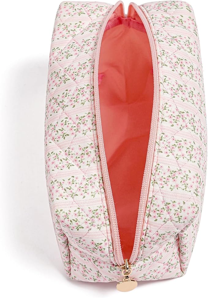 HHQQWZ Makeup Bag Travel Cosmetic Bag for Women Girls, Zipper Make Up Pouch, Floral Flowers Toiletry Organizer Makeup, Portable Storage Cosmetic Travel Cloth Bag (2 Pack (L+S)/Pink Floral)