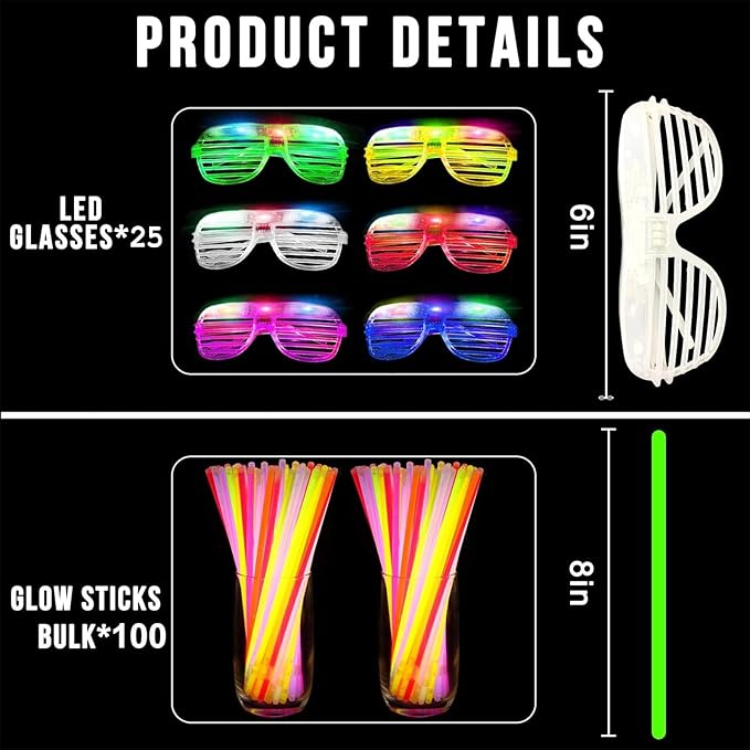 125 Pack Glow in The Dark Party Supplies Light Up Party Favors with 100 Glow Sticks and 25 Led Glasses Shutter Shades Sunglasses Neon Glow Accessories for Kid Adult Wedding Birthday Concert Party