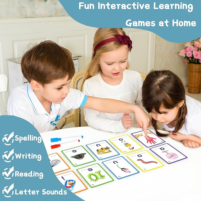 Phonics Sight Words Flash Cards Kindergarten, CVC Word Games Vowel Spelling Flashcards Learn to Read Write Montessori Educational Homeschool Supplies for Toddlers Preschool Learning Activities