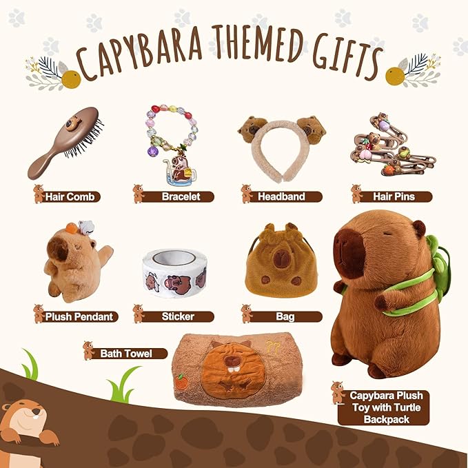 Capybara Plush Gifts for Girls 4 5 6 7 8 9 10+ Years Old, Kids Cute Capybara Toys with Stuffed Animal/Keychain/Bag/Bath Towel/Hair Pins/Bracelet/Headband, Christmas Birthday Plush Toys Set