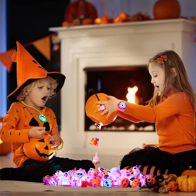 Halloween Party Favors for Kids - 42 PCS LED Halloween Light Up Toys including Necklaces Rings Bracelets Brooches,Glow in the Dark Halloween Decorations,Halloween Treats Non Candy Goodie Bag Fillers