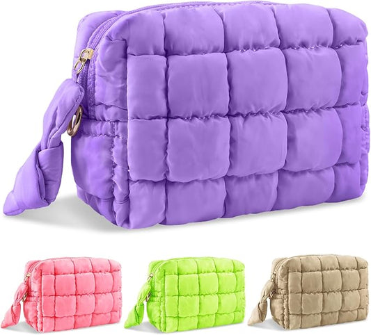 Puffer Quilted Makeup Bag Cosmetic Bags,Puffy Travel Toiletry Pouch for Women,Cute Checkered Zipper Bag Travel Essential,Portable Aesthetic Make up Organizer Bag for Gifts Work Daily(Purple,S)
