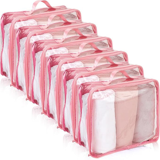 6 Pieces Large Clear Travel Packing Cube Clear Vinyl Zippered Storage Bags See Through Moving Bag PVC Multipurpose Pouch with Handle for Suitcase Shirts Dress Storage (Pink,11.8 x 10.2 x 3.9 Inch)