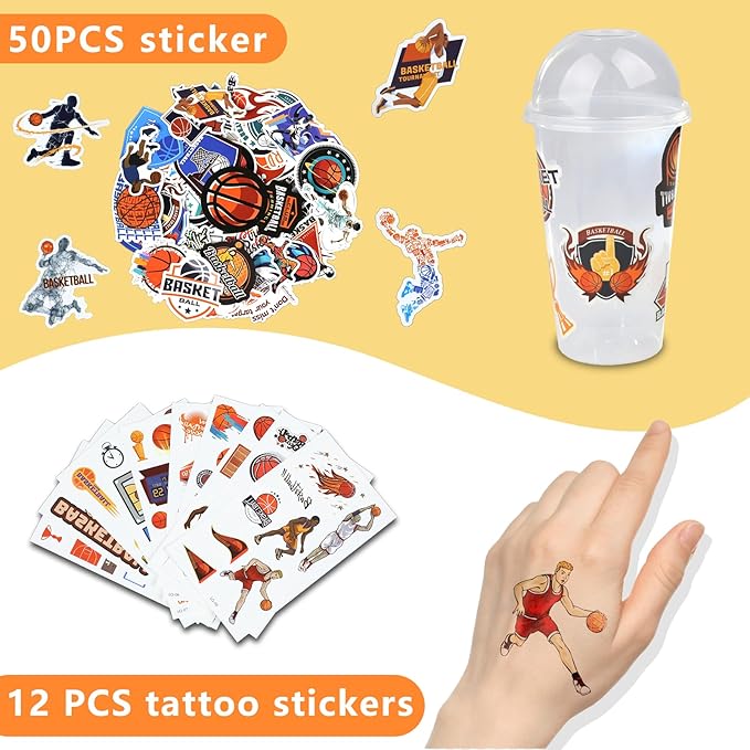 166PCS Basketball Party Favors with Cups Straw Tattoos Sticker Keychain Bracelet Whistle Basketball Toys & Goodie Bags for Birthday Party Supplies, Classroom Treasure Prizes, Basketball Team Gifts
