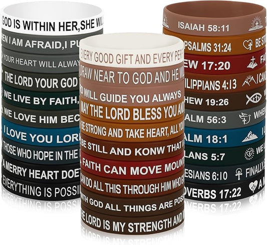 JUNEBRUSHS 42pcs Bible Verse Silicone Bracelets Bulk Inspirational Christian Faith Hope Jesus Rubber Wristbands for Men Women Party Christian Gifts(21 Designs)