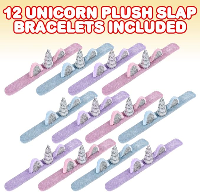 ArtCreativity Plush Unicorn Slap Bracelets for Kids, Set of 12, Cute Slap Bands for Girls with 3D Details, Unicorn Party Favors for Children, Pretty Goodie Bag Fillers, Pink, Purple, and Blue