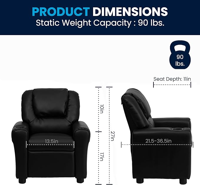 Flash Furniture Vana LeatherSoft Kids Recliner with Cup Holder, Headrest, and Safety Recline, Contemporary Reclining Chair for Kids, Supports up to 90 lbs., Black