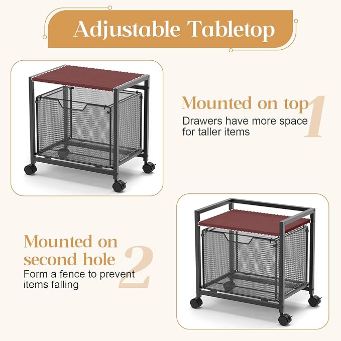 JKsmart Under Desk Storage, Printer Stand with Drawer, Rolling File Cabinet with Adjustable Table Top, 2 Tier Industrial Shelf on Fixed Feet Wheels, Sofa Side Table Organizer for Home, Office, Black