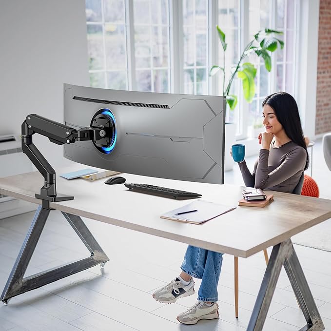 Heavy Duty Monitor Arm Aluminum Single Gas Spring Monitor Arm Suit for Flat/Ultrawide/Cruved Screen 34-49 inch and New 57 inches Screen Weight Capacity up to 44lbs，Black