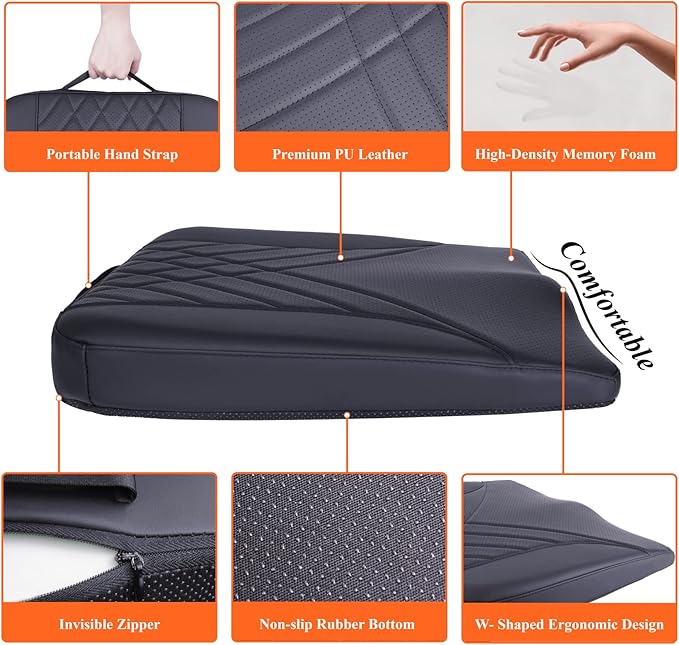 kingphenix Premium Car Seat Cushion, Memory Foam Driver Seat Cushion to Improve Driving View- Coccyx & Lower Back Pain Relief - Seat Cushion for Car, Truck, Office Chair (Leather Black)