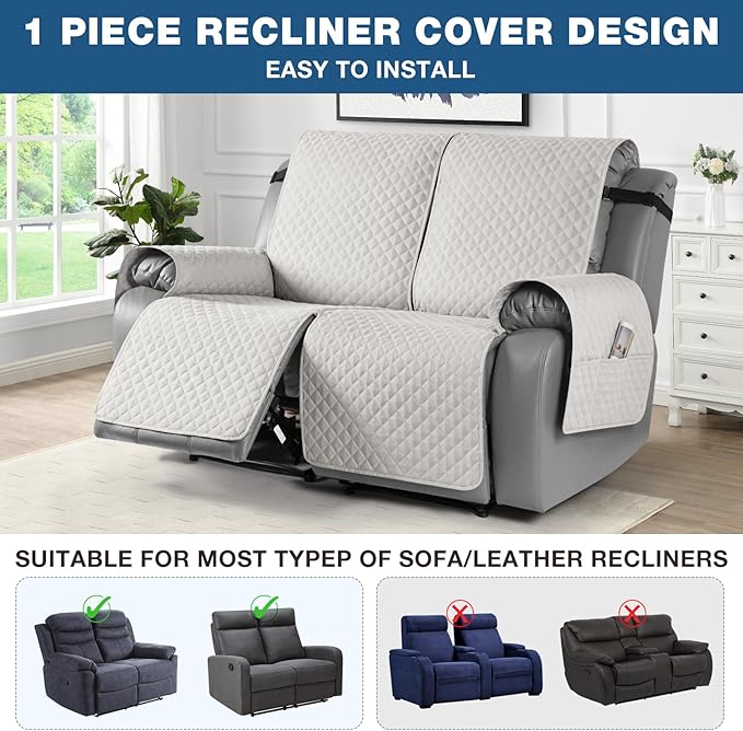 TAOCOCO Loveseat Recliner Cover Non-Slip Sofa Slipcover, Pet Cover for Loveseat Recliner with Elastic Straps, Washable Reclining Loveseat Cover Recliner Furniture Protector (2 Seater, Off White)