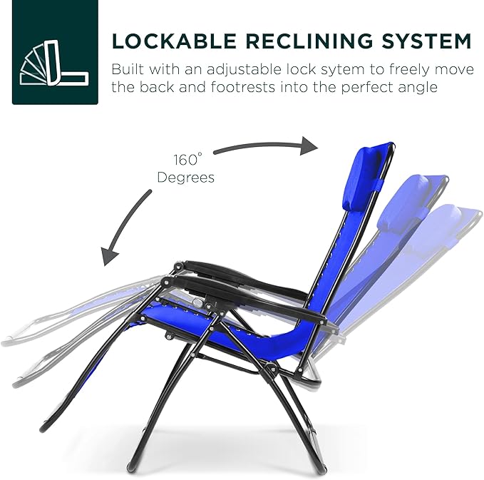 Best Choice Products Oversized Zero Gravity Chair, Folding Outdoor Patio Lounge Recliner w/Cup Holder Accessory Tray, Pillow - Cobalt Blue