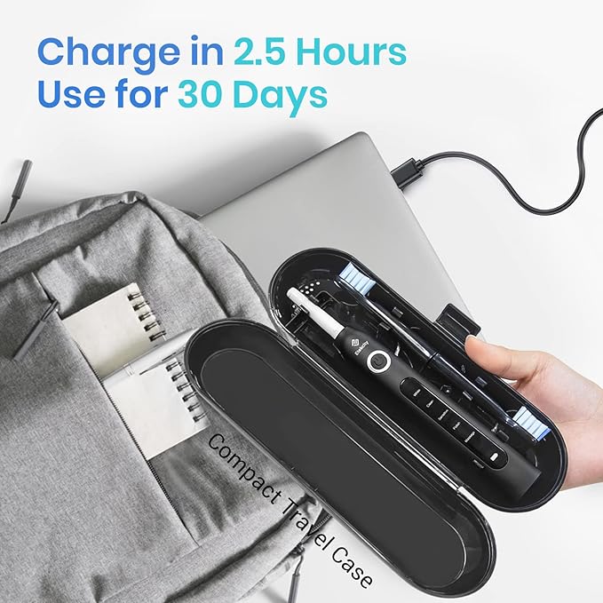 Etekcity Electric Toothbrush for Adults and Kids, 8 Soft High-Density Brush Heads, Fast Charge 2.5 Hours Last 30 Days, 2 Minutes Smart Timer, 5 Modes & Travel Case, Black