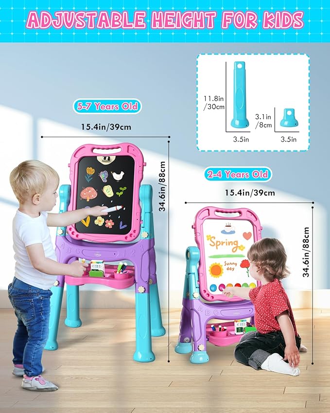 Lehoo Castle Easel for Kids, 4 in 1 Double Sided Kids Art Easel with Magnetic White Board & Chalk Board, Adjustable Standing Toddler Easel with Drawing & Writing Accessories (Blue, Purple, Pink)