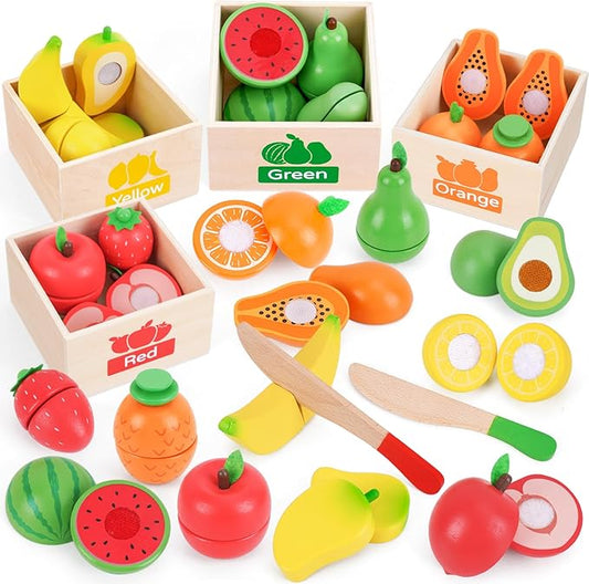 Fruit Sets - Kids Learning Toys for Toddlers 1-3, Play Kitchen Accessories Pretend Play Toys, Play Food Sets for Kids Kitchen, Wooden Fruit Preschool Toys for Girl Boy Christmas Birthday Gifts
