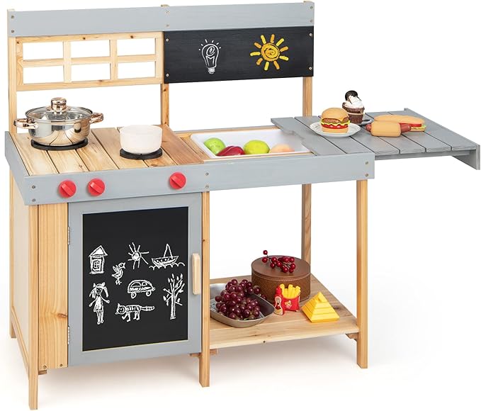 Costzon Mud Kitchen for Kids Outdoor, Wooden Pretend Play Kitchen with Removable Sink, Stoves, Storage Shelf, Toddler Backyard Toy Kitchen Set, Kids Kitchen Set for Boys Girls Age 3+