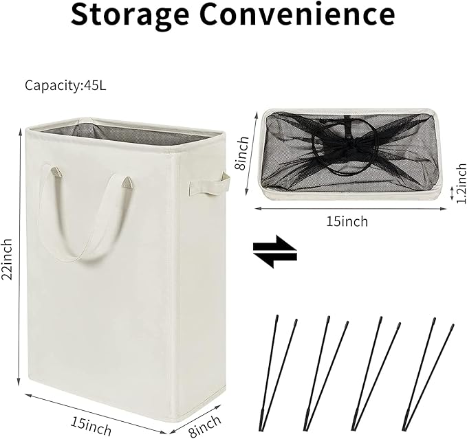 ZERO JET LAG Slim Laundry Hamper With Handles Collapsible Laundry Basket Thin Dirty Clothes Basket Narrow Laundry Bag Foldable Dirty Clothes Hamper 45L (23 inches,Beige)