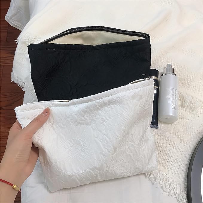 HAPPYHEIDI Large Floral Black Quilted Makeup Bag Cosmetic Toiletry Travel Pouch Purse Organizer, Canvas Lined, Embroiddered Flowers